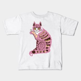 Cute Pink Folk Cat Kids T-Shirt